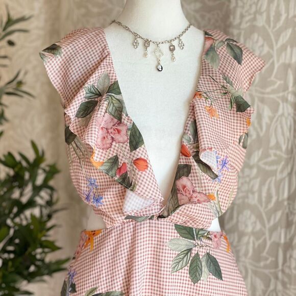 Pretty by Rory Pink Gingham Ruffle Floral Cut-Out Mini Dress Cottagecore Size S - Picture 3 of 8